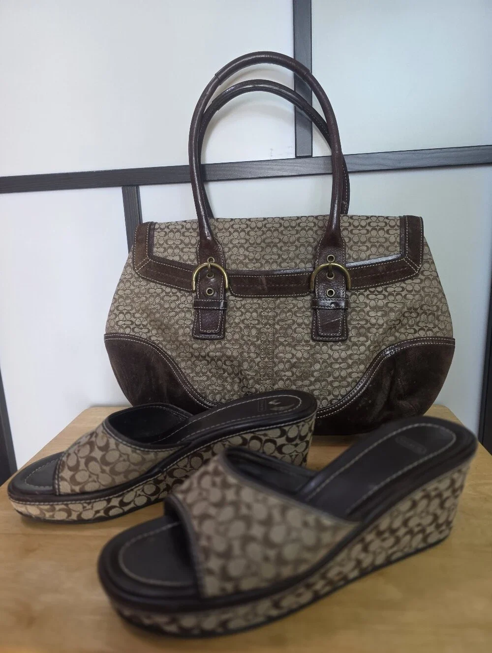 Coach Tote Bag & Matching Wedge Sandals Slides Shoes Brown Signature C Size 11